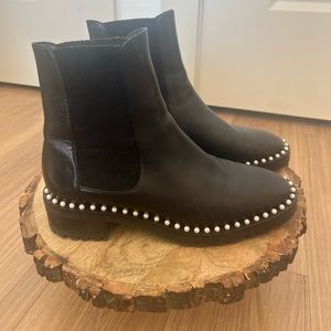 Stuart Weitzman Cline Faux Pearl embellished leather boots